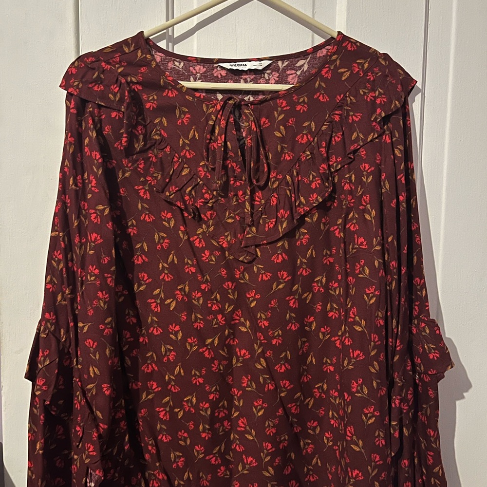 Sonoma Burgundy Floral Blouse with Ruffles
